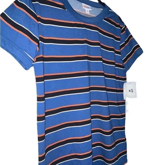 LuLaRoe Medium Liv Tee • Blue Shirt With Stripes • Very Short Sleeves • BNWT - Picture 7 of 14